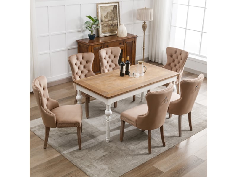 Lot de 6 chaises de salle à manger velours brun, dossier à moulures, pieds en bois massif, style élégant moderne  - Conforama R