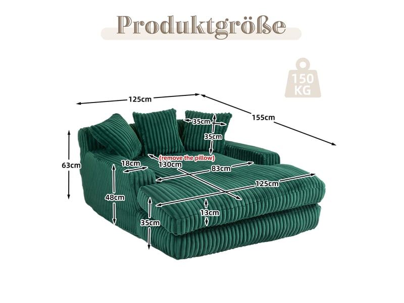 Canapé droit convertible 1 place en velours côtelé vert émeraude, 3 coussins, idéal pour se détendre - Conforama C