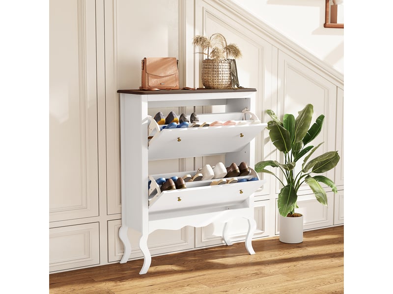  Meuble à chaussures étroit avec 2 tiroirs abattants et étagères réglables pour 16 paires de chaussures, 84 x 29 x 109 cm, blanc  - Conforama B