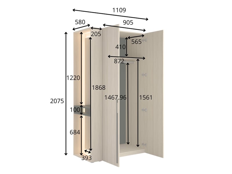  Armoire design soria 204 cm chêne et noir avec miroir led, niche et étagères – 2 portes battantes  - Conforama D