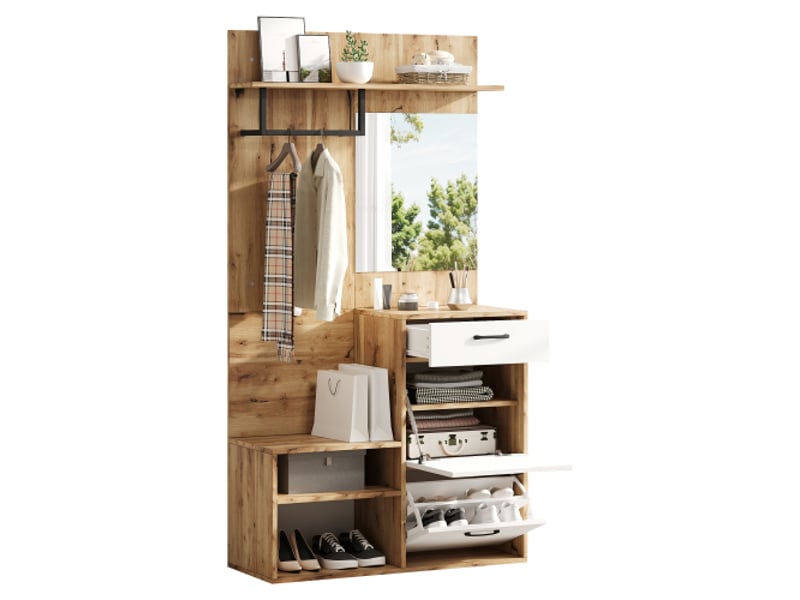 Vestiaire d'entrée avec banc à chaussures et miroir, meuble de couloir compact 100cm, porte-manteau blanc et bois, rangement gain de place - Conforama A