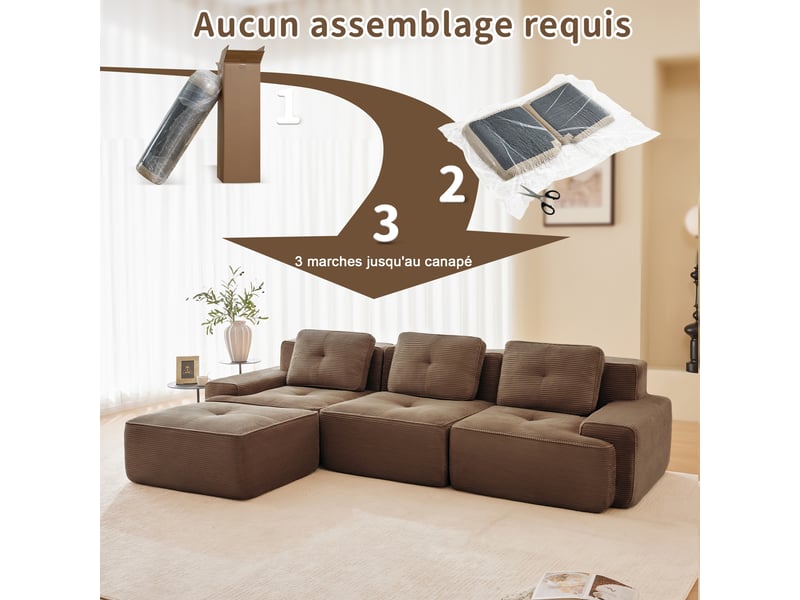  Canapé d'angle convertible 3 places en velours côtelé marron, 293 x 177 x 69 cm, sans armature, sans montage, livré compressé, assise profonde CARDUME ESTIVAL - Conforama E