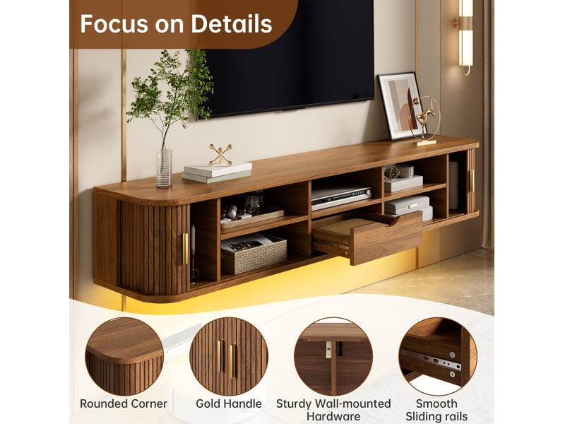  Meuble tv mural avec 2 portes coulissantes, tiroir, étagères réglables, led pour salon, mdf noyer, 175 × 30 × 30 cm  - Conforama E