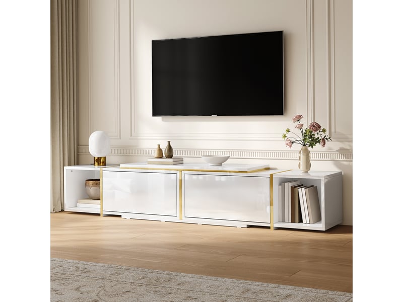  Meuble tv extensible avec passe-câbles en panneau de particules blanc 275x35x37 cm GL0701W - Conforama E