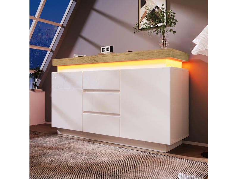 Buffet bas modenvie blanc brillant avec led 140 x 39 x 81 cm, 2 portes et 3 tiroirs - Conforama D