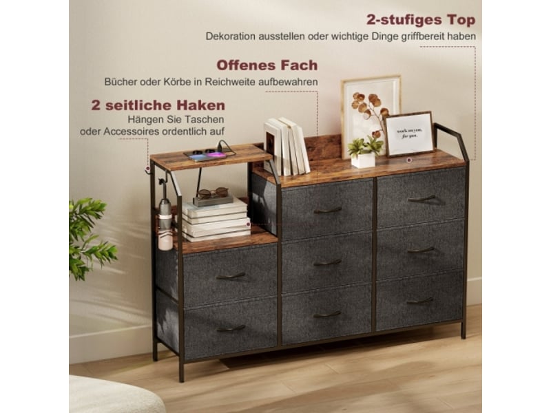  Commode 8 tiroirs en tissu cadre acier marron rustique noir avec station de charge intégrée  - Conforama B