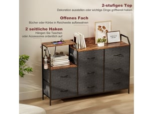 Commode 8 tiroirs en tissu cadre acier marron rustique noir avec station de charge intégrée