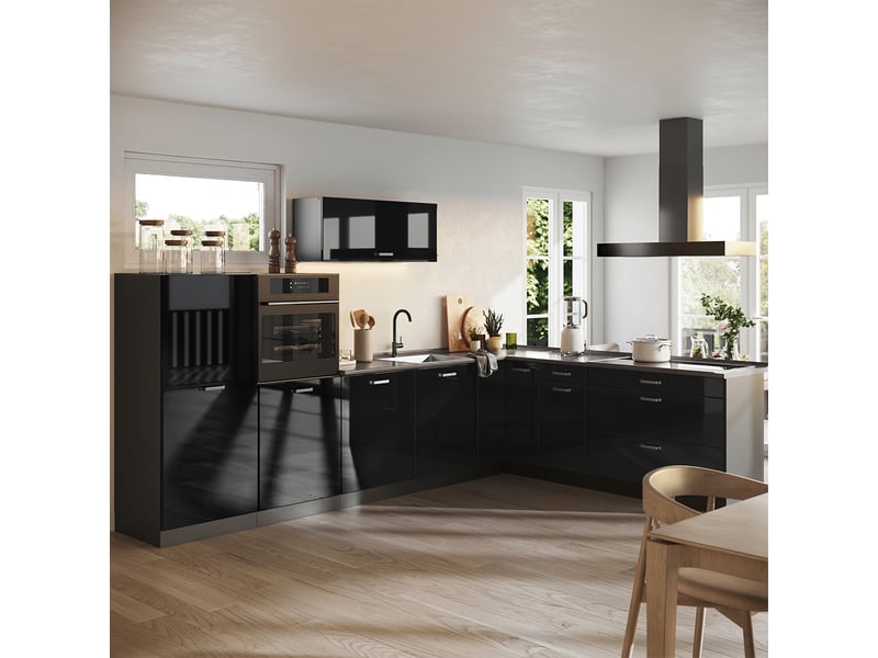  Vicco cuisine en angle, noir haute brillanceanthracite, 327 x cm plan de travail chêne doré  - Conforama C