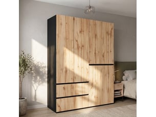 Armoire 6 portes 180 x 50 x 200 cm en mdf et panneau de particules, bois clair et blanc, 2 tringles, 5 tiroirs