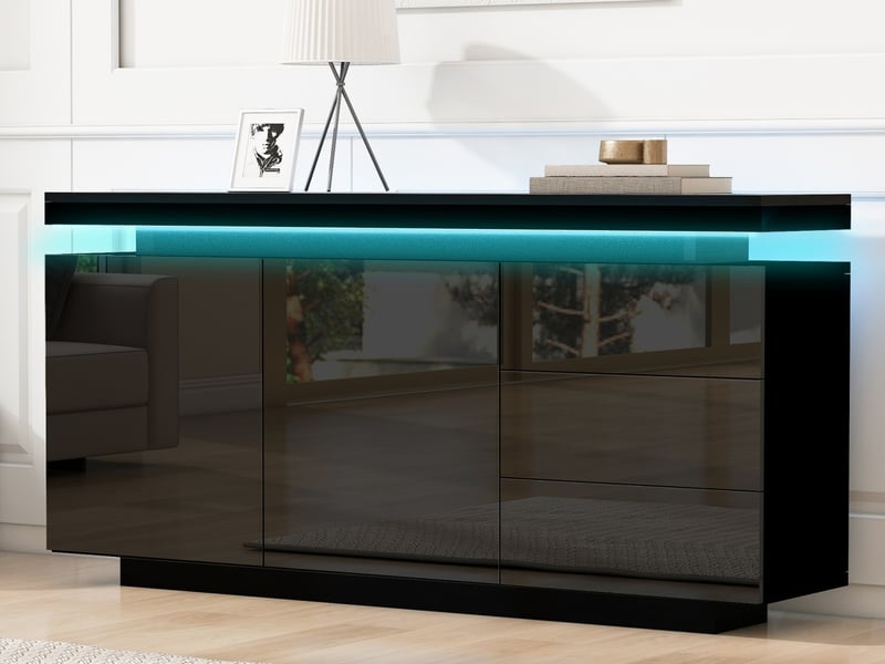  Buffet contemporain pour salon, deux portes et trois tiroirs, armoire haute, coiffeuse, finition brillante, avec éclairage led, noir  - Conforama D