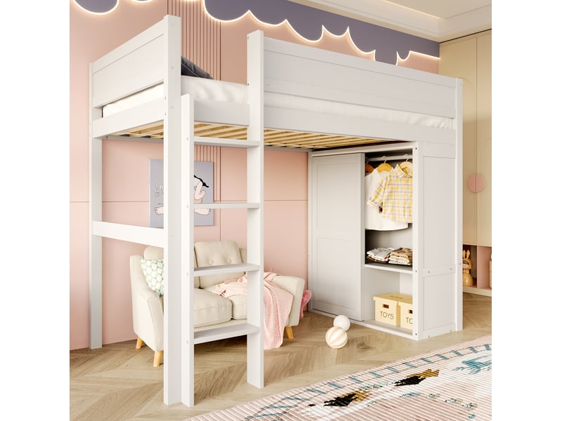  Lit mezzanine enfant 90x200 cm avec armoire et rangement blanc  - Conforama D