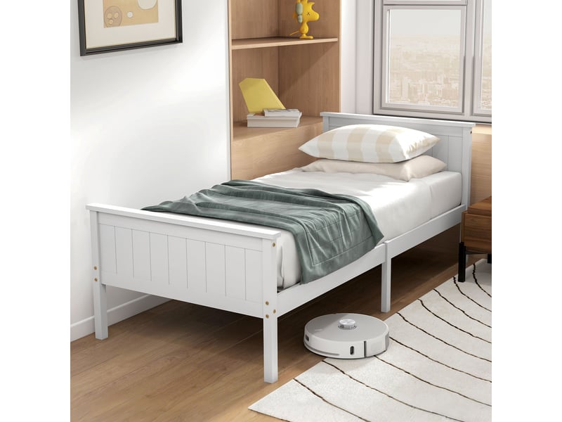  Cadre de lit 90x200 en bois massif, lit simple blanc avec sommier à lattes  - Conforama D