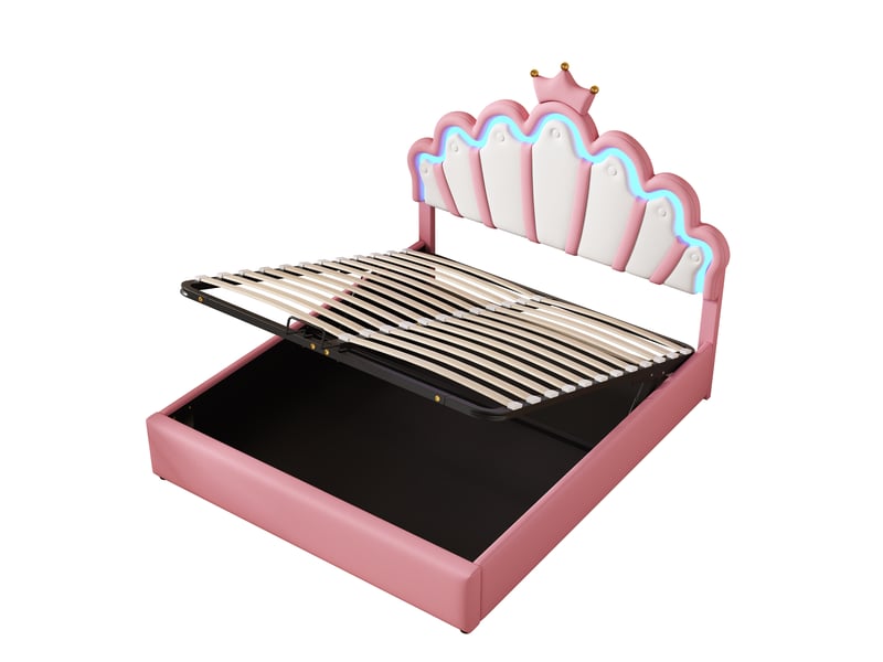  Lit plat 140 x 200 cm, lit capitonné, lit princesse, éclairage d'ambiance réglable, barre de toit, rose  - Conforama D