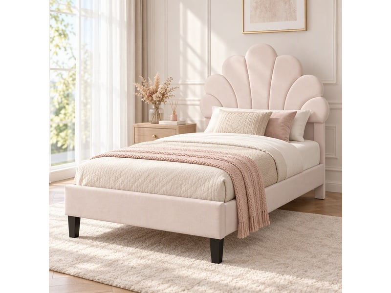  Lit enfant 90 x 200 cm，lit simple，tête de lit en forme de fleur，velours beige  - Conforama D