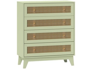 Commode 4 tiroirs meuble de rangement cannage en rotin aspect bois clair vert 80 x 35 x 95 cm