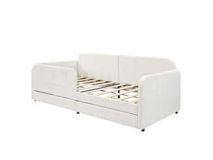 Lit banquette 90x200 cm blanc métal et bois avec revêtement velours, 2 tiroirs et poches de rangement, sans matelas