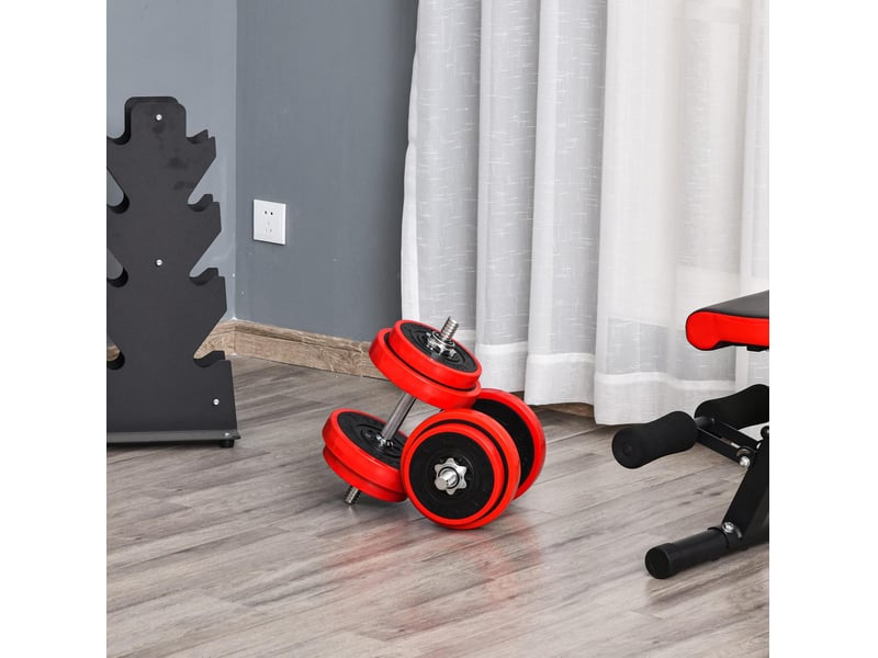  Set d'haltères et barre 20 kg 21,5x21,5x3,8 cm réglable métal rouge noir  - Conforama B