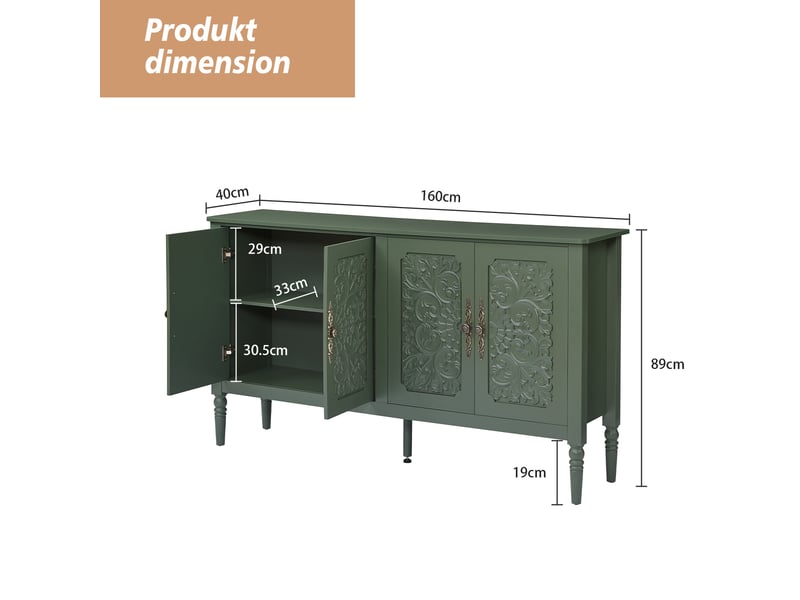  Buffet et enfilade rétro à portes sculptées, poignées en métal et bords arrondis pour salon, vert, 160×40×89 cm  - Conforama D