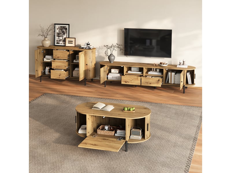 Meuble tv avec table basse et buffet, 6 portes coulissantes et rangement fermé - pour salon - en mdf - naturel - Conforama E