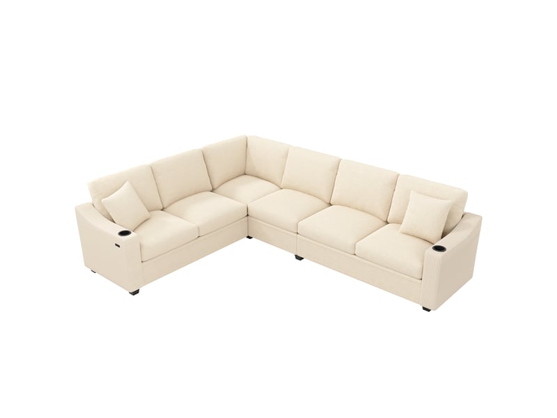 Canapé d'angle l 277x215x85cm - 6 places - usbtype-c + porte-gobelets + modulable - velours côtelé - beige - Conforama A