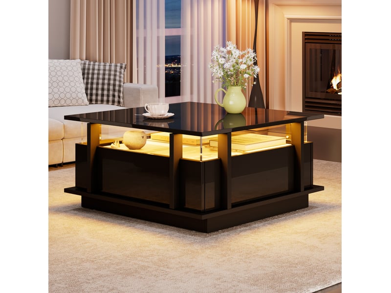  Table basse, mdf, noir, 70 x 70 x 35 cm, avec éclairage led, avec rangement  - Conforama B