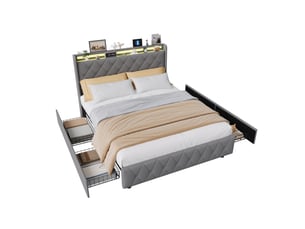 Lit double 160 x 200 cm gris – velours moelleux, tête de lit avec étagère & veilleuse led, ports usbtype-c & 4 tiroirs