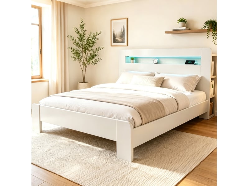  Lit 180 x 200 cm blanc avec rangement, éclairage led et prises intégrées  - Conforama C