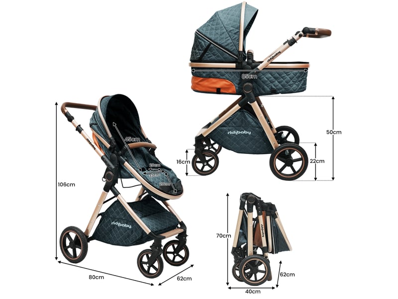 Poussette combinée 2-en-1 80x62x106 cm pliable d'une main bleu antique - Conforama D