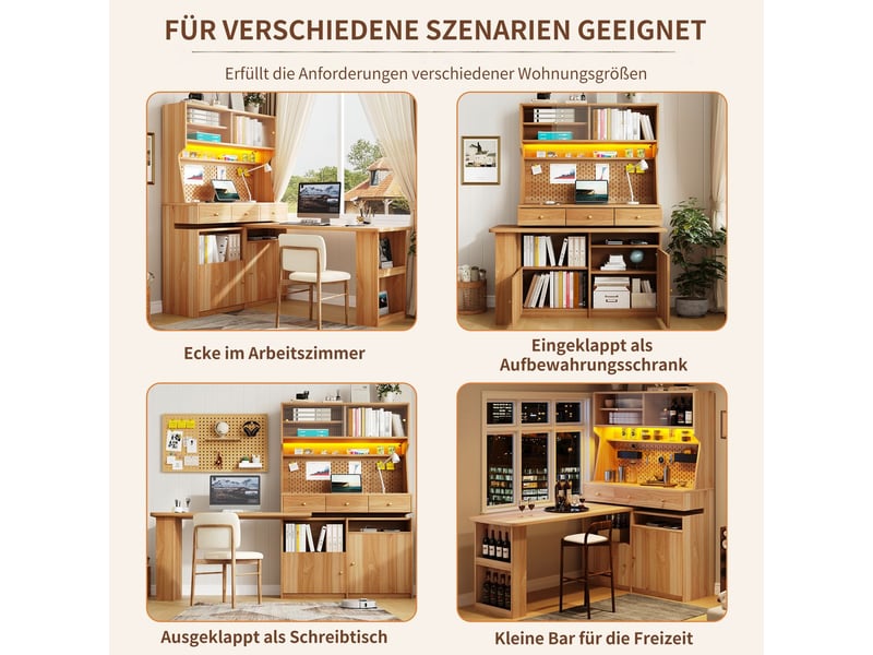  Meuble de rangement bureau intégré table bar intégrée éclairage led commande par application portes vitrées étagères réglables panneau perforé finition brun naturel  - Conforama E