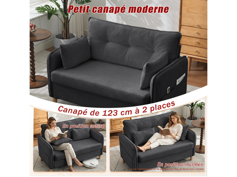  Canapé 2 places gris foncé 127 cm tissu chenille avec poches  - Conforama D