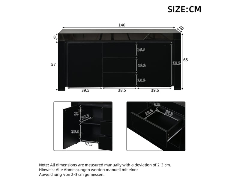  Buffet bas avec 2 portes et 3 tiroirs, led et étagères réglables, noir brillant pour salon en mdf 140 × 40 × 65 cm  - Conforama C