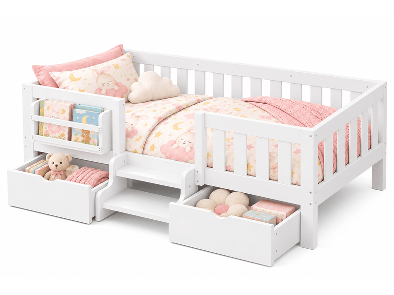  Lit enfant 90x200 cm, lit avec rangement, 2 tiroirs, bibliothèque, marche 2 niveaux, barrières, sommier, blanc CozyNest - Conforama A