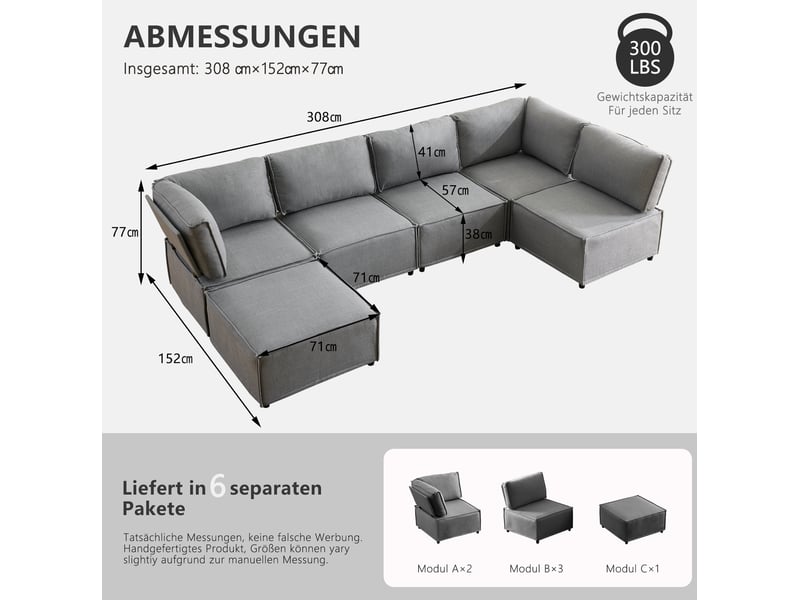  Canapé d’angle modulable 6 places en lin gris clair convertible en lit  - Conforama C