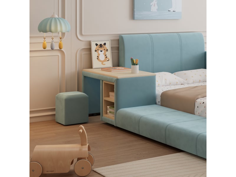  Lit simple 90 × 200 cm, rembourré, bureau, tabouret, étagère, tête de lit et lattes incluses, bois et velours, bleu  - Conforama E