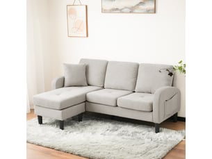 Canapé d'angle 3 places avec méridienne réversible en tissu coton lin, canapé l pour salon 166x118 cm - beige gris et blanc