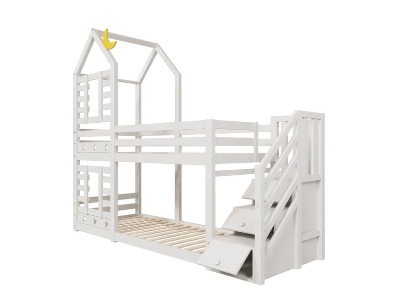  Lit superposé cabane enfant avec tiroirs 90x200 cm - bois massif blanc rangement intégré  - Conforama A