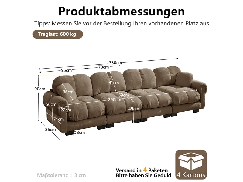  Canapé modulaire design confort 330x86x90 cm, canapé salon avec accoudoirs incurvés et coussins garnis, chenille, marron  - Conforama C