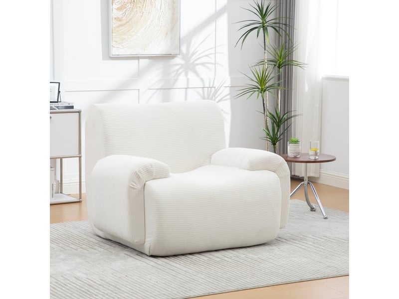  Fauteuil une place avec pouf en chenille ivoire, mousse haute résilience 30d, fauteuil compact pour petit espace, sans montage  - Conforama E