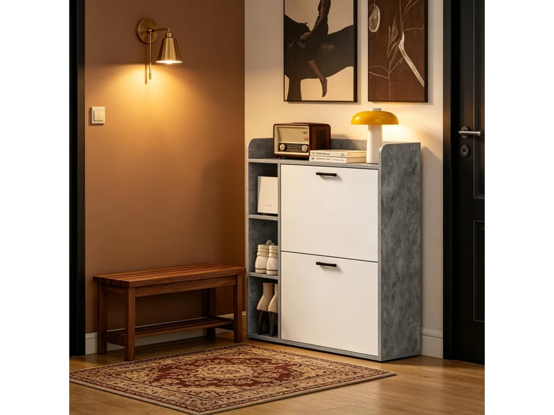 Meuble à chaussures moderne avec 2 compartiments rabattables, meuble de rangement à chaussures peu encombrant, gris et blanc  - Conforama C