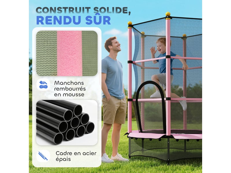 Trampoline enfant ø 1,40 × 1,90h m filet de sécurité porte zipée couvre-ressorts 6 poteaux rembourrés inclus rose - Conforama D