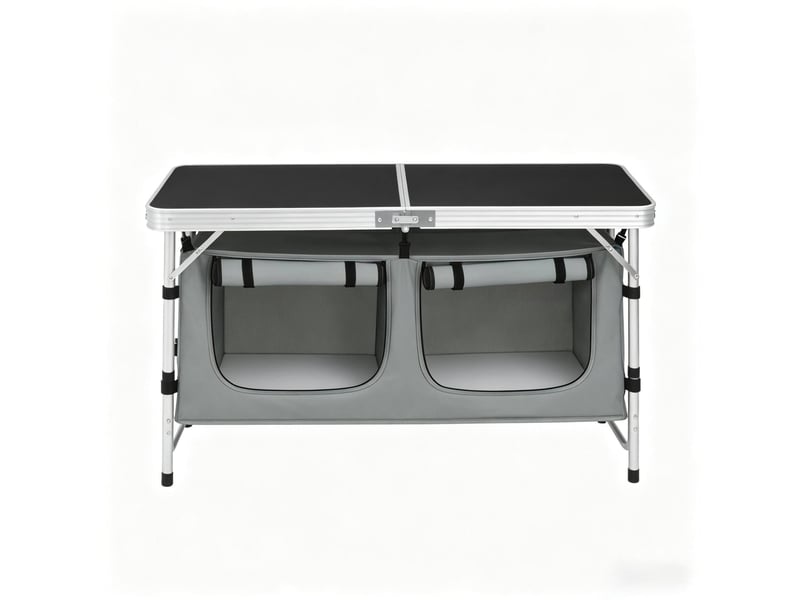  Table de camping pliante 120x47 cm – noir et gris – hauteur réglable 6269,5 cm avec sac suspendu pratique  - Conforama A