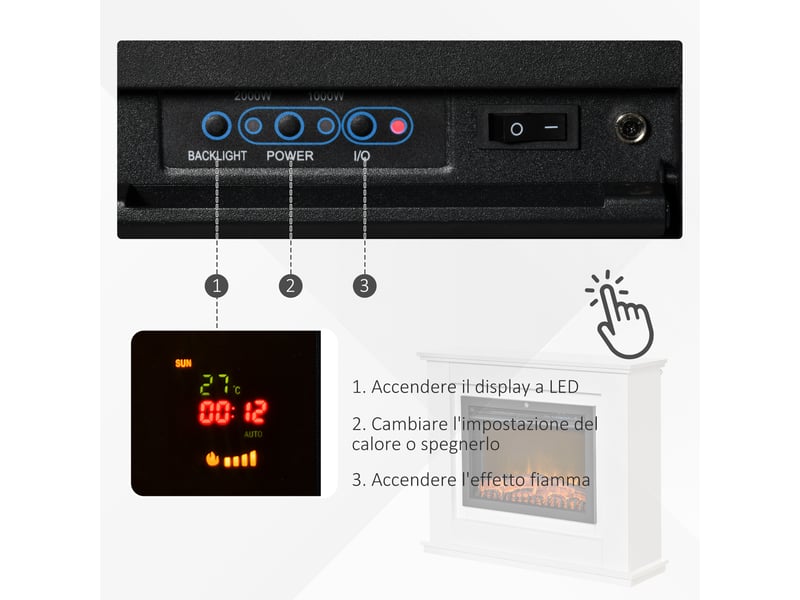  Cheminée électrique avec effet flamme réaliste et cadre en bois, équipée d'un thermostat, d'une protection contre la surchauffe, d'une minuterie et d'une télécommande, 1000 w et 2000 w, 98 x 27,5 x 80 cm, blanche  - Conforama D