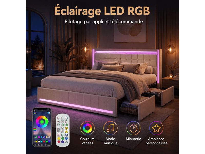 Lit 140 x 190 cm avec sommier à lattes - cadre de lit double avec led et usb tpye c- lit double rembourré avec 4 tiroirs de rangement et tete de lit capitonné - 2 personnes - 2 places- en lin - beige - adulteado - sans matelas -… - Conforama C
