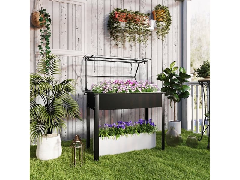  Jardinière surélevée avec serre 100 x 48 x 124 cm – noire – drainage et toit transparent  - Conforama B
