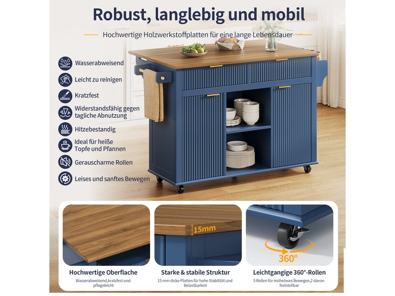 Îlot de cuisine roulant - plan de travail rabattable 120x45 cm - grand espace de rangement avec tiroirs et armoires 143x45x89.5cm - Conforama B