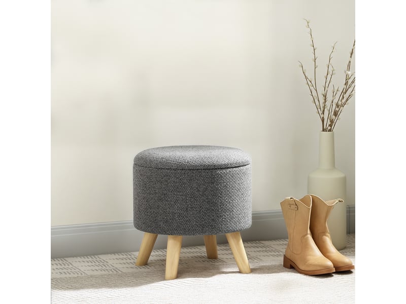  Pouf rond repose-pieds tabouret avec coffre de rangement pieds en bois design moderne gris  - Conforama A