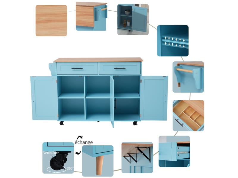  Îlot de cuisine 129x46x91,5 cm plateau rabattable mdf bleu  - Conforama C
