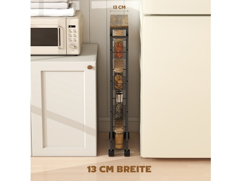  Desserte de cuisine 47 x 13 x 96,5 cm noire en métal et panneau de particules, 5 niveaux à roulettes  - Conforama D