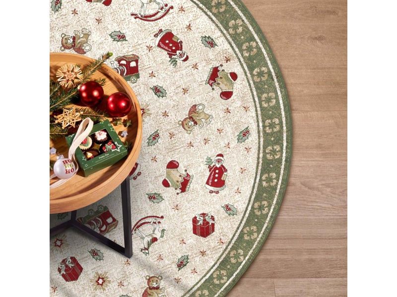 Tapis rond pour salon ou chambre enfant 160x160 couleur vert, beige, rouge motif fêtes de noel 1, tapis kilim fin et original  - Conforama E