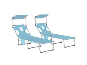 Ensemble de 2 chaises longues pliantes et inclinables avec auvent à 360°, ouverture pour le visage, poche latérale et tissu textilène 550 gm², bleu